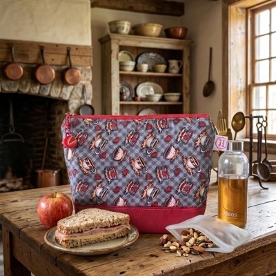 Bolsa térmica com padrão de chávenas e corações vermelhos numa mesa de madeira rústica com alimentos e garrafa.