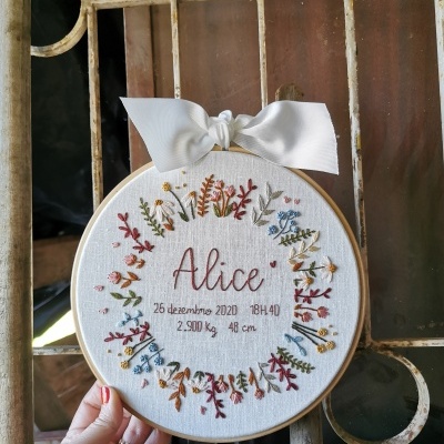 Bastidor bordado com flores e informações de nascimento da Alice