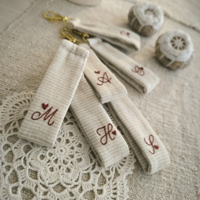 Porta-chaves em tecido bege com letras bordadas castanhas e caixas decorativas redondas sobre toalha bege com renda.