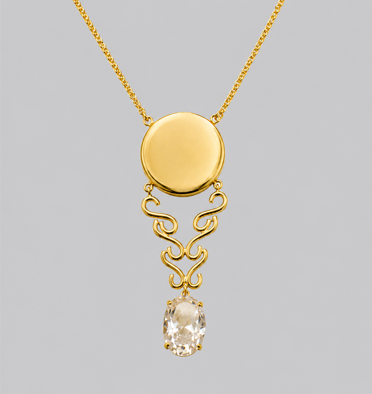 Colar Rua Direita Menor Colar dourado com pendente redondo liso e pedra oval transparente
