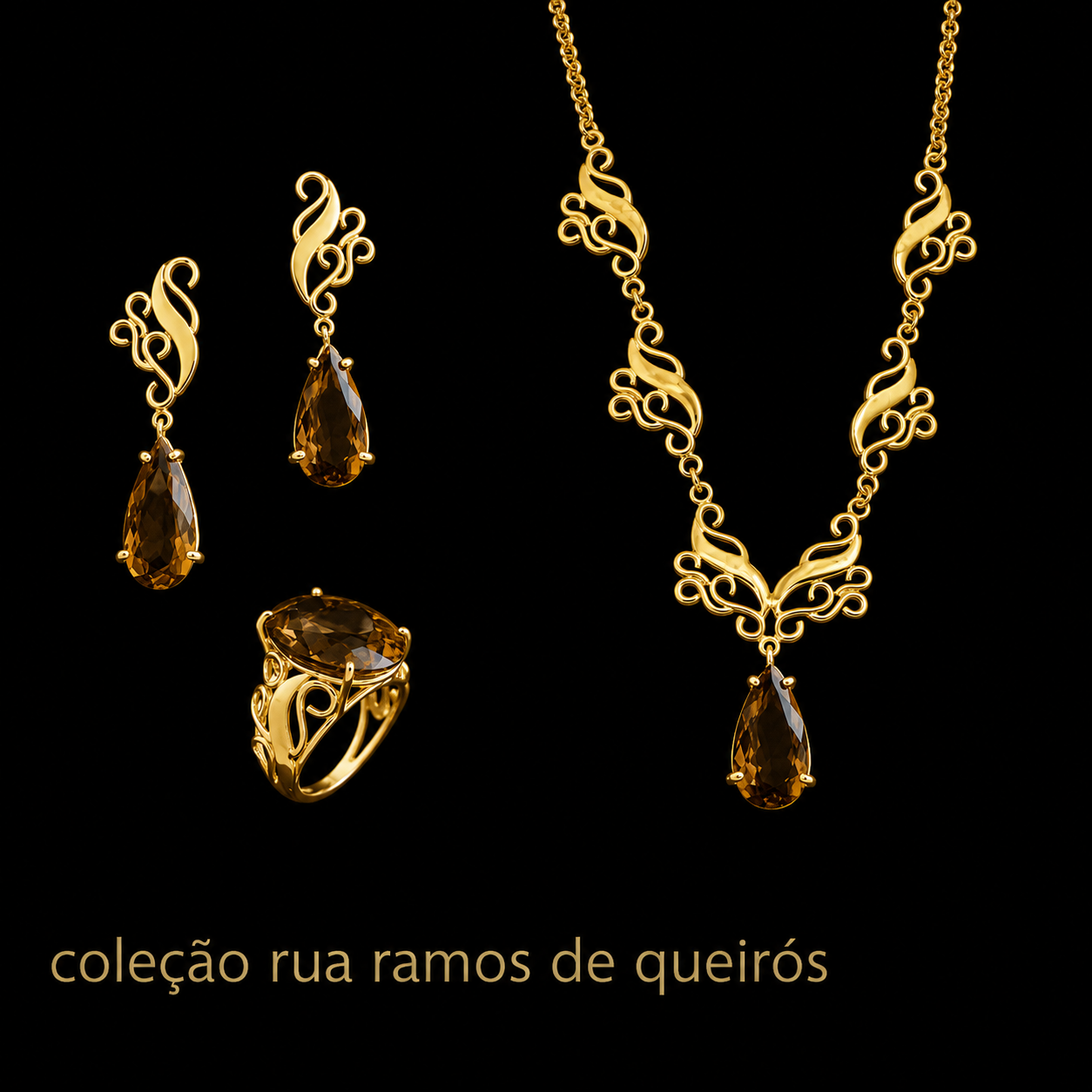 Brincos Ramos de Queiróz Conjunto de joalharia em ouro amarelo com pedras castanhas em forma de gota