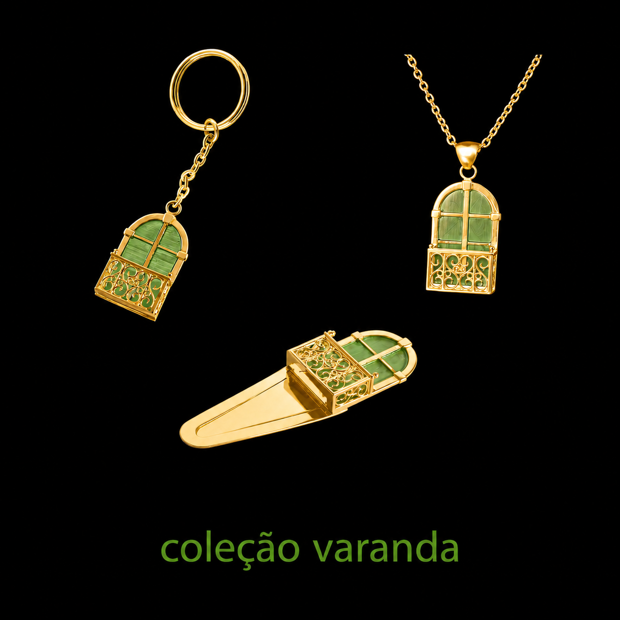 Colar Varanda Conjunto de joias douradas com pedras verdes em forma de janela com varanda