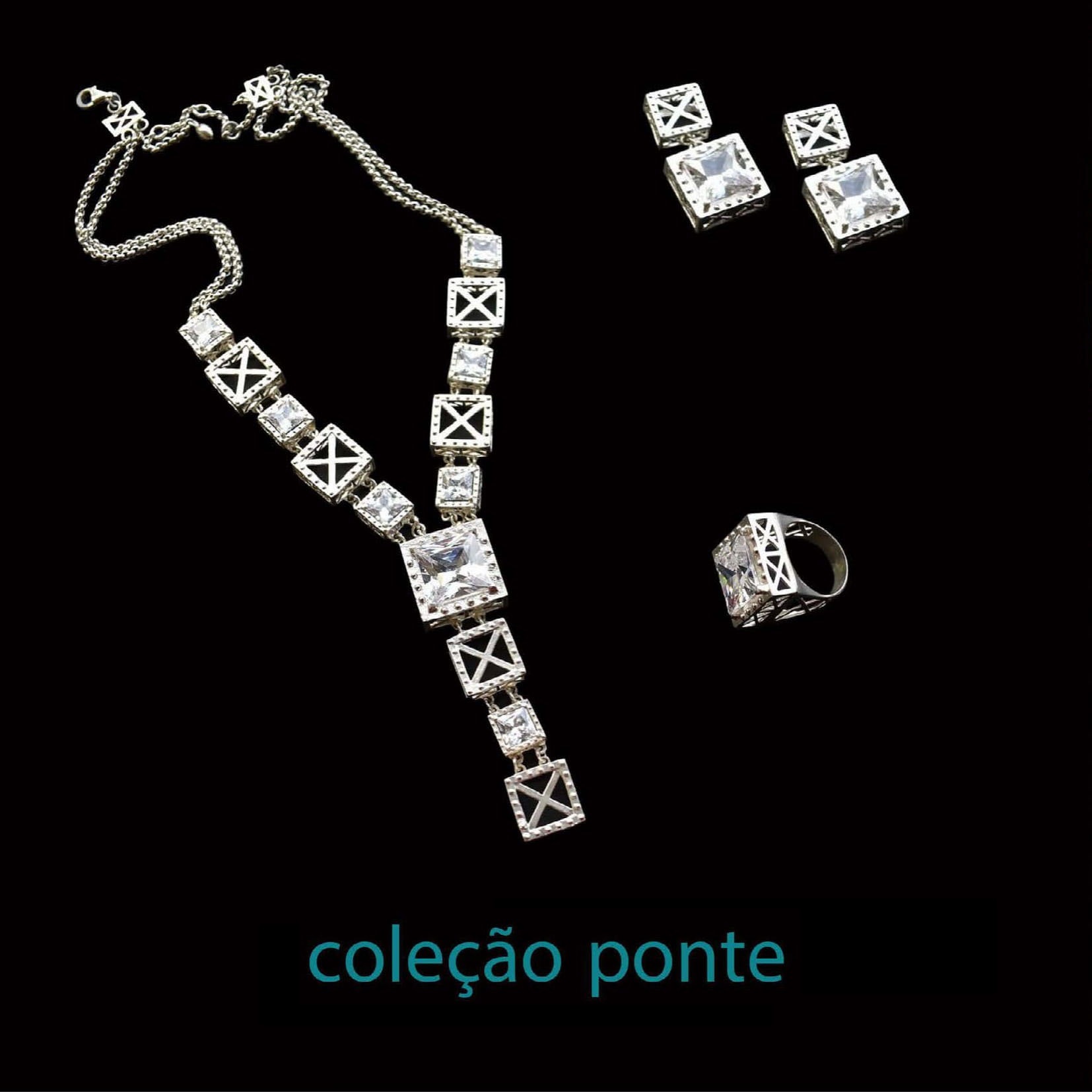 Anel Ponte Conjunto de joias com colar, anel e brincos em prata com pedras quadradas