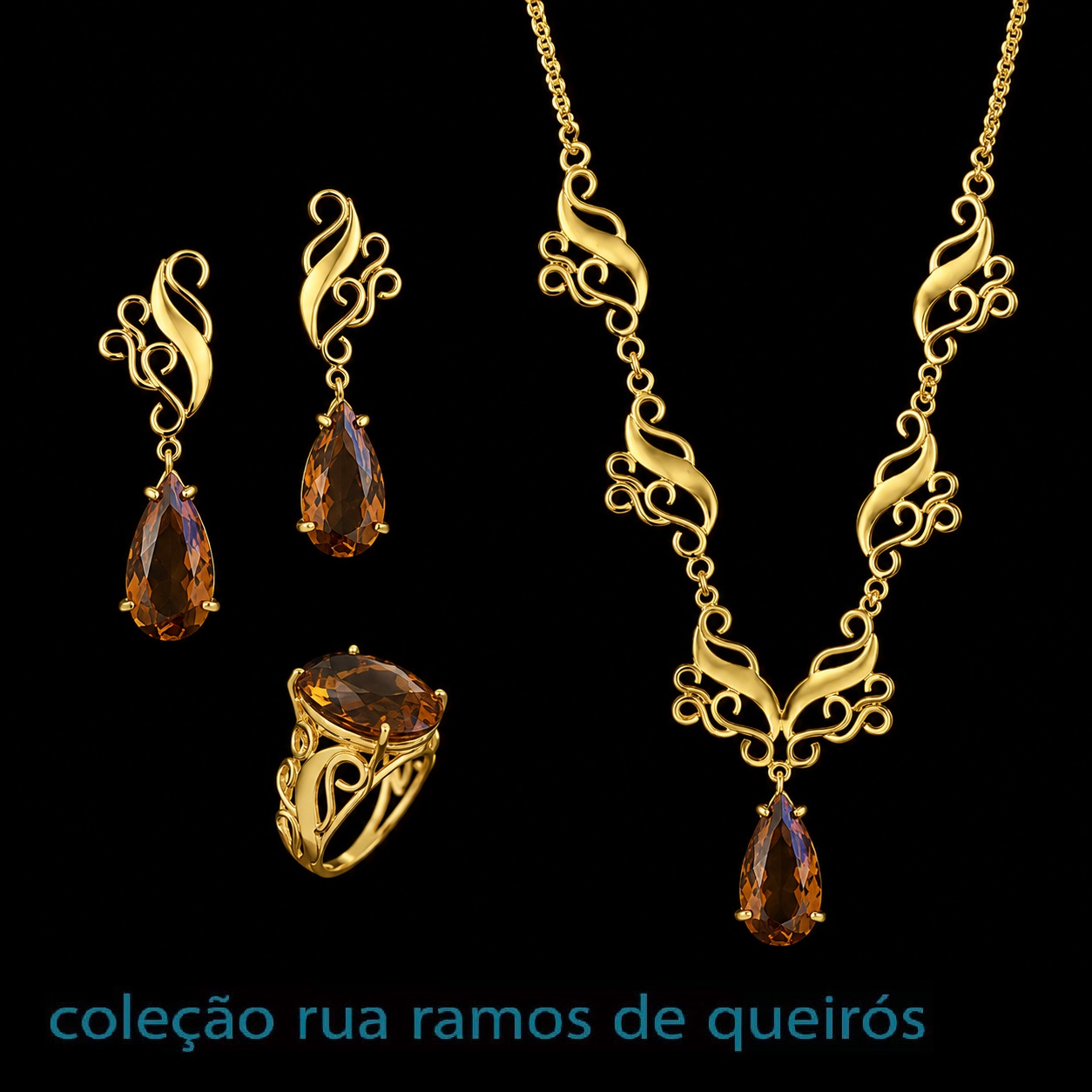 Anel Ramos de Queiróz Conjunto de joalharia em ouro amarelo e pedras castanhas