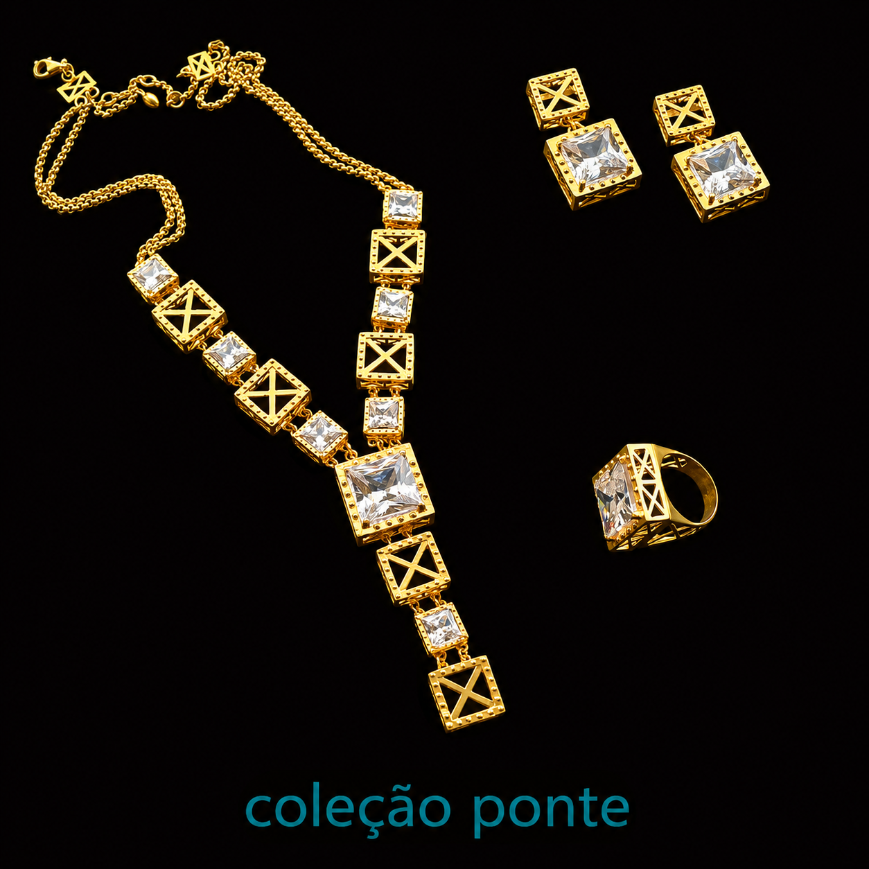 Anel Ponte Conjunto de joalharia dourado com pedras quadradas transparentes e design geométrico.