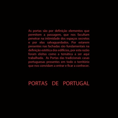 Texto vermelho em fundo preto sobre portas tradicionais portuguesas