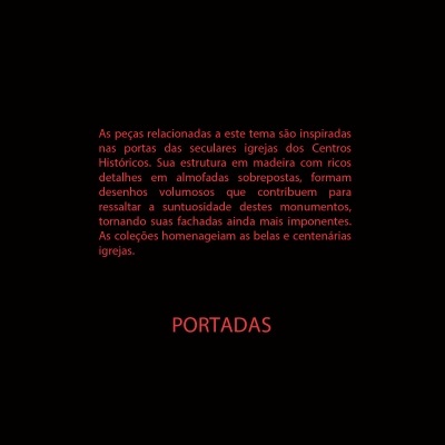 Texto em vermelho sobre fundo preto sobre inspiração em portas de igrejas históricas, com destaque para a palavra PORTADAS.