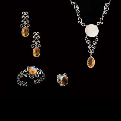 Conjunto de joalharia com pedras âmbar e metal prateado