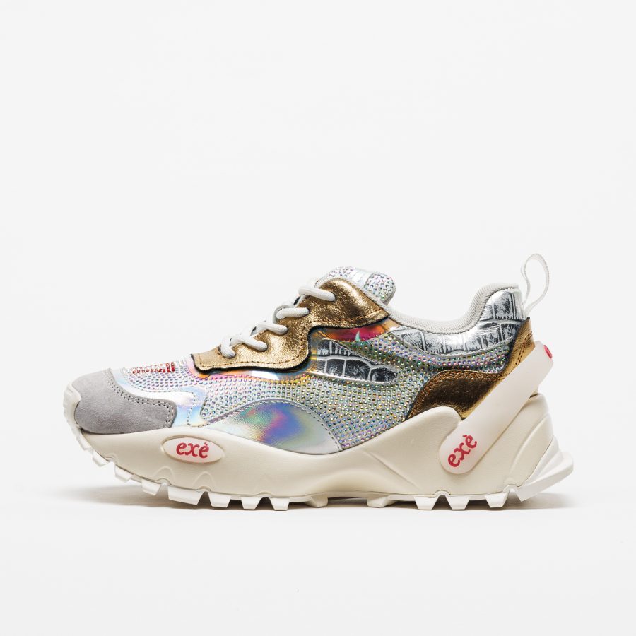 Sapatilhas Exé 4032-1A Silver Gold Sapatilha desportiva prateada holográfica com dourado e sola branca com texto exé