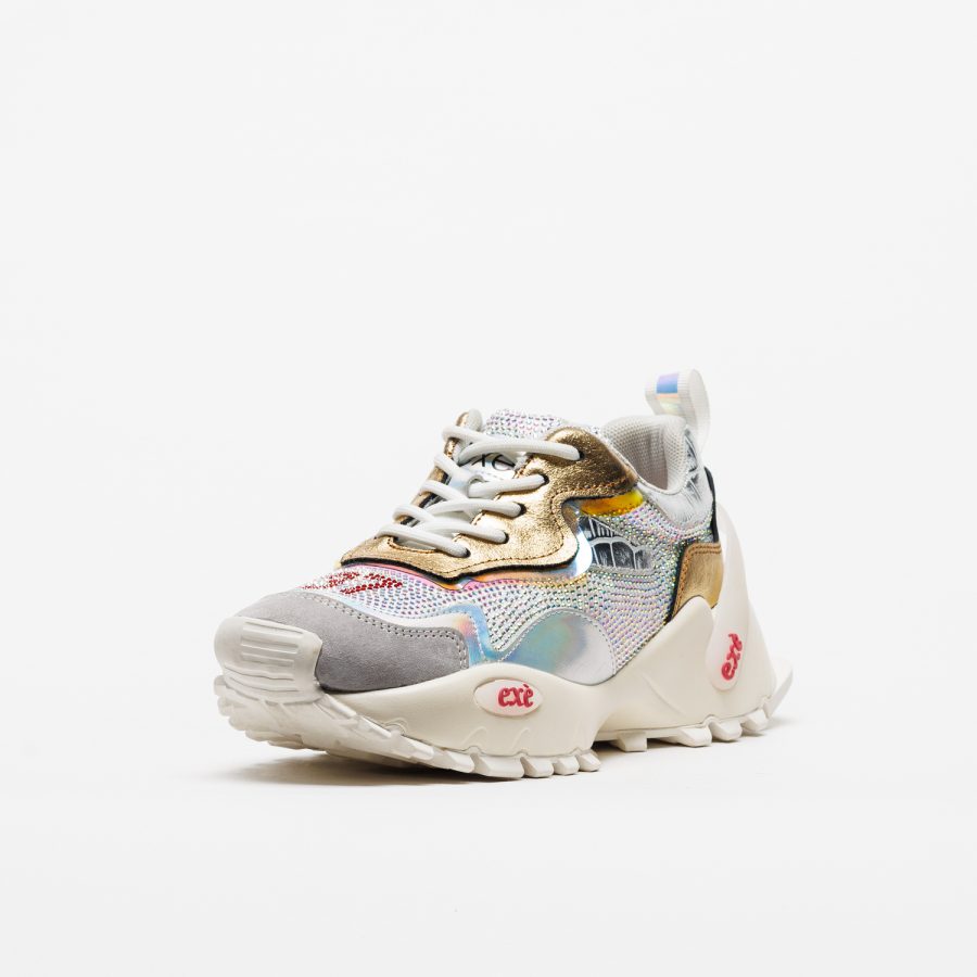 Sapatilhas Exé 4032-1A Silver Gold Sapatilha desportiva em branco, dourado e cinza com sola branca e detalhes brilhantes
