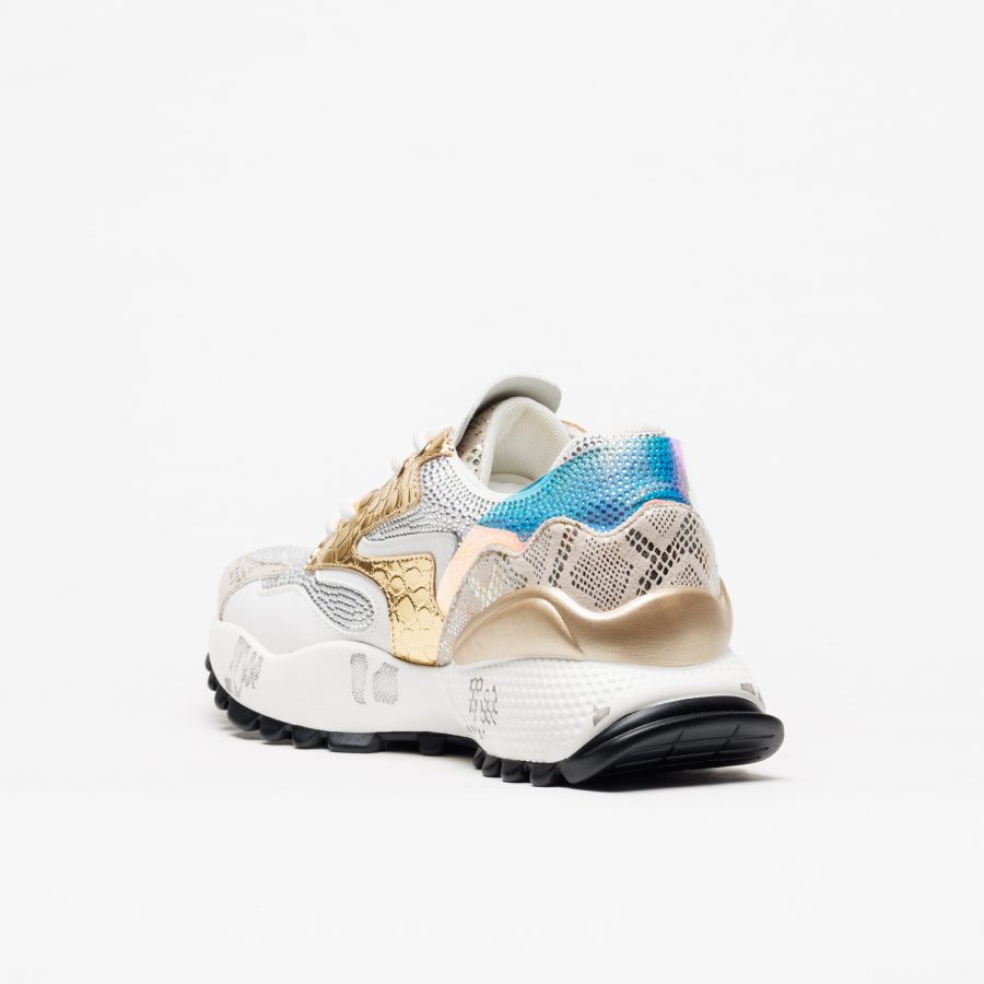 Sapatilhas Exé D190608-17I White/Gold Ténis desportivos multicolor com sola branca e preta e detalhes em padrão de pele de cobra