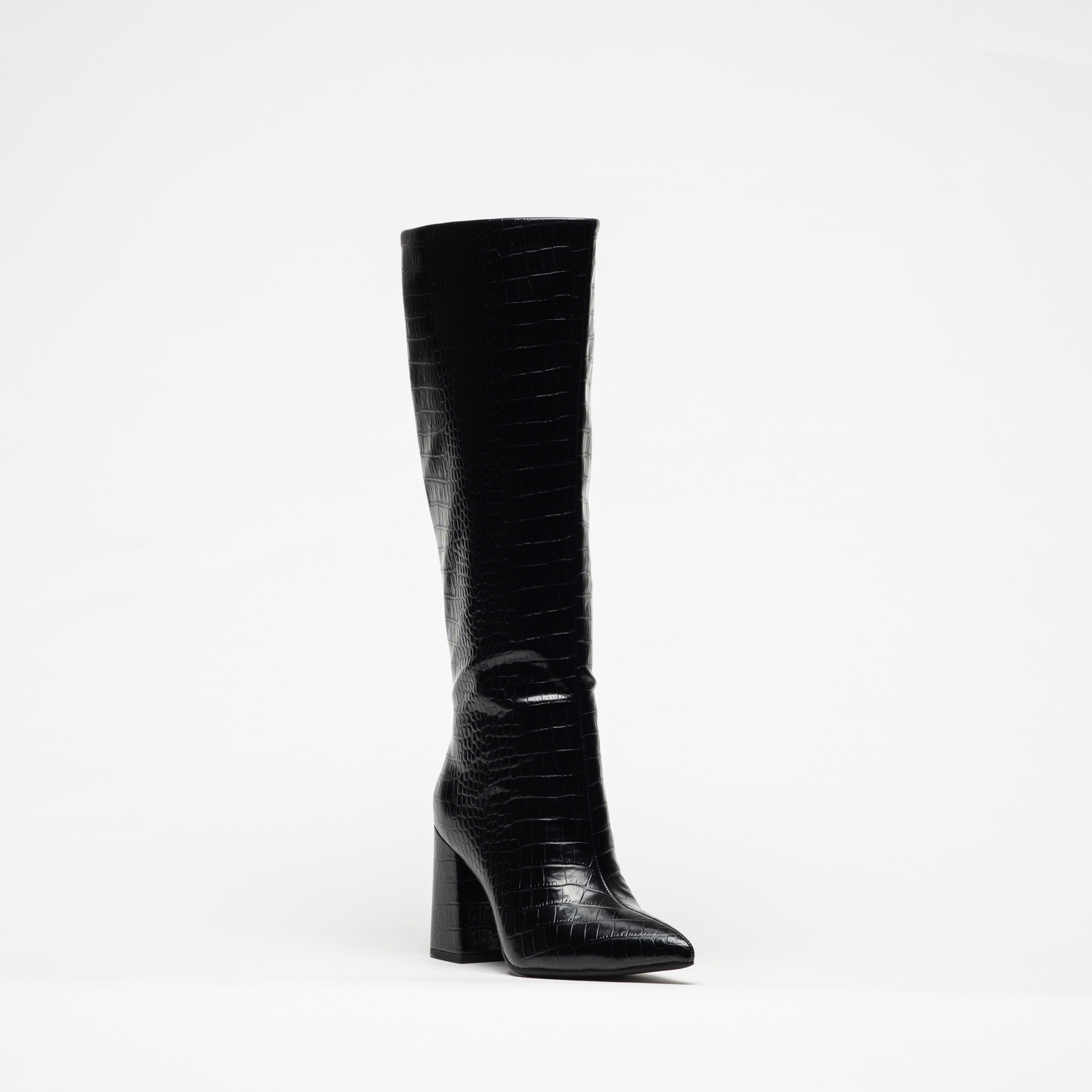 Bota Cano Alto ABF-97 HV2529 Black Bota preta alta feminina com padrão pele de crocodilo e salto grosso