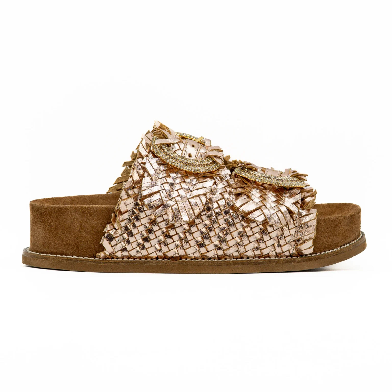 Chinelos ABF-97 2428 Heel Gold Chinelo aberto slide castanho e dourado com fivela decorativa
