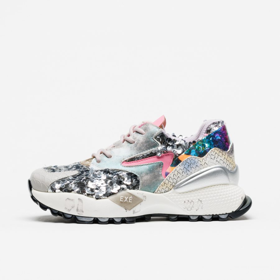 Sapatilhas Exé D190608-17 White-Pink Tênis desportivo multicolorido com lantejoulas, sola branca grossa