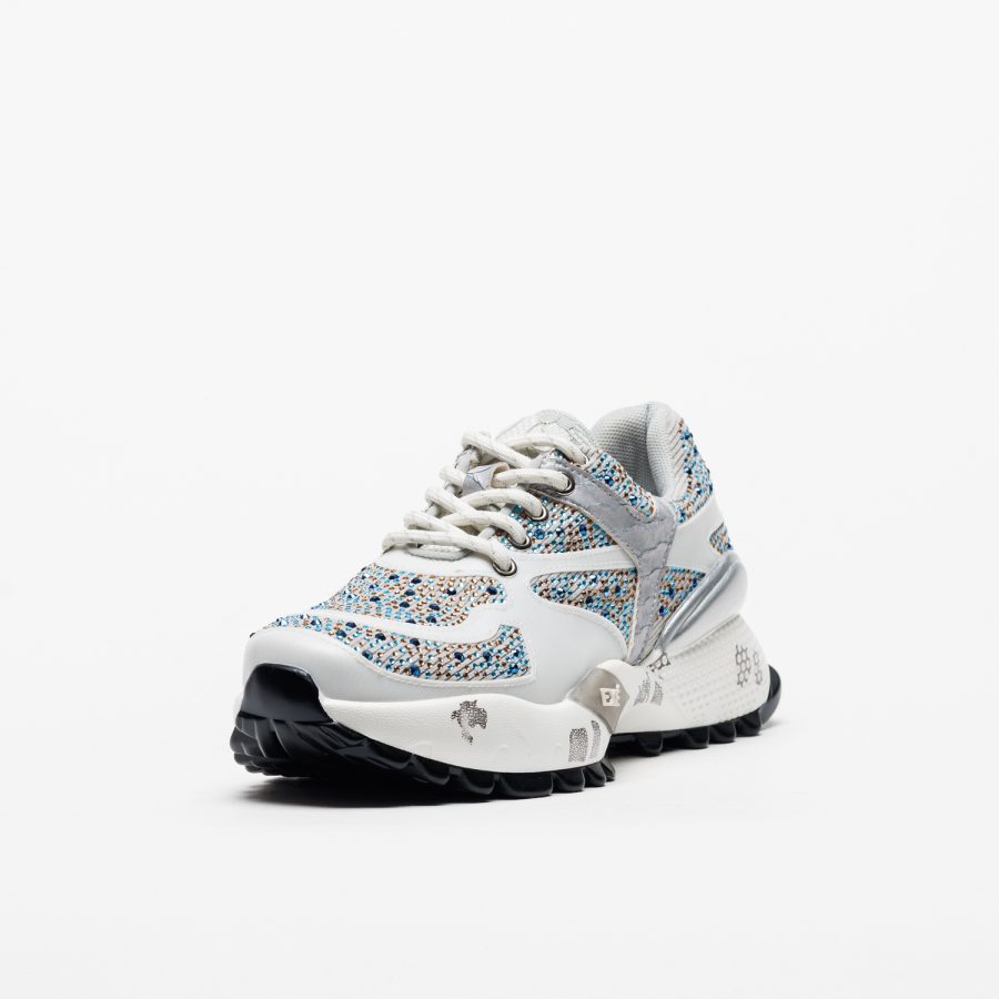 Sapatilhas Exé D190608-24 White Grey Ténis desportivos com padrão tricot azul, branco e castanho e sola preta e branca