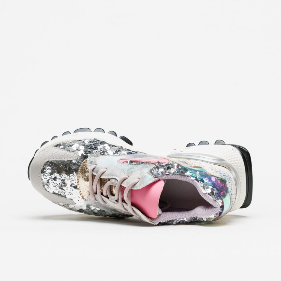 Sapatilhas Exé D190608-17 White-Pink sapatilha desportiva feminina com lantejoulas prateadas e detalhes rosa vista de cima