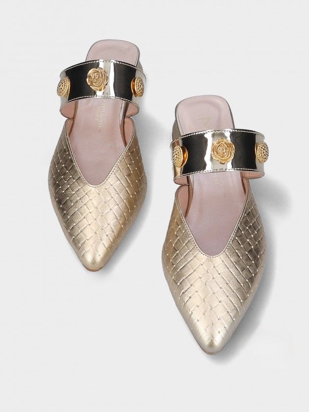 Mule MLV LEA.97 GOLD Sapatos mule dourados com fivela metálica decorada com rosas