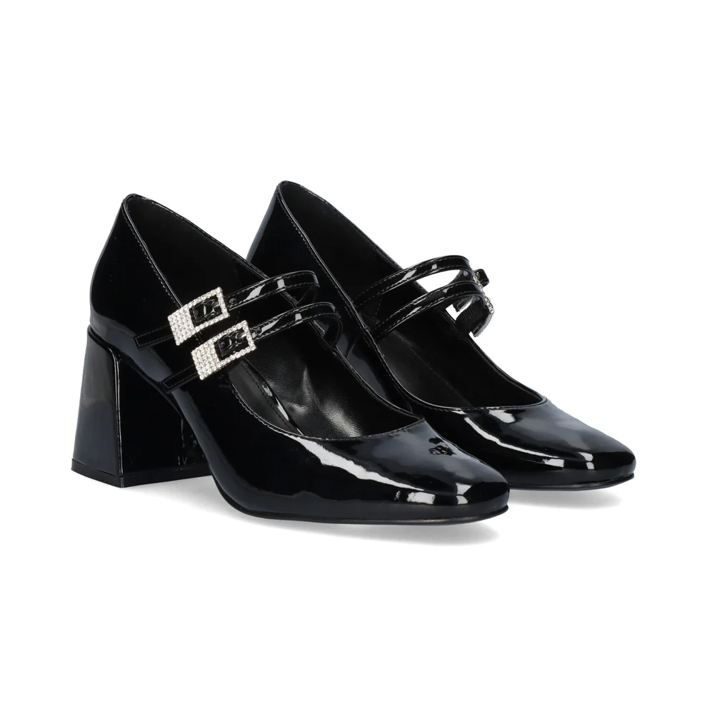 Sapato Exé RIMINI.611 Black Sapatos femininos pretos de verniz com salto quadrado e tiras com fivelas