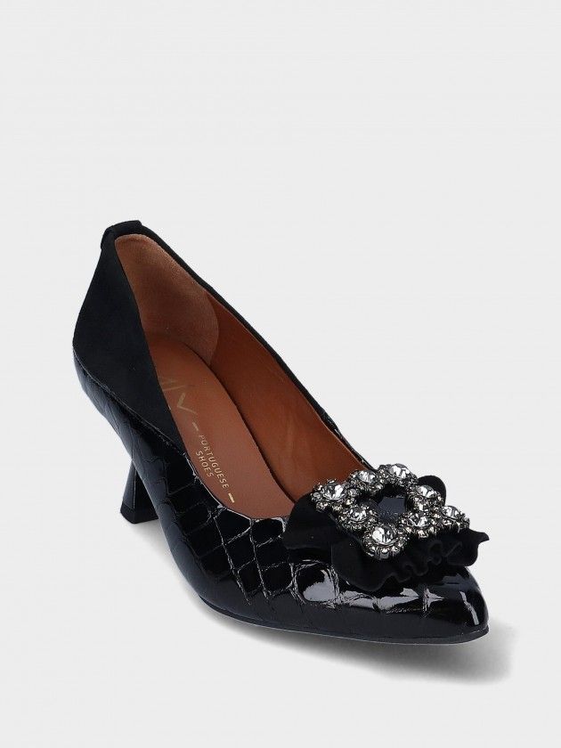 Sapato MLV Lucy.08 Black Sapato preto de salto médio com padrão crocodilo e enfeite de pedras brilhantes