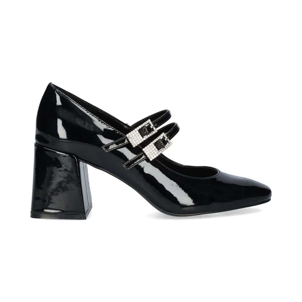 Sapato Exé RIMINI.611 Black Sapato Mary Jane verniz preto com salto grosso e fivelas de strass