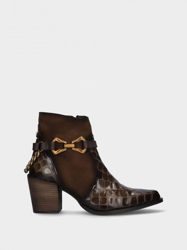 Botim Texano MLV Sonia.02 Kaki Bota feminina castanha com salto médio, textura croco e detalhes dourados