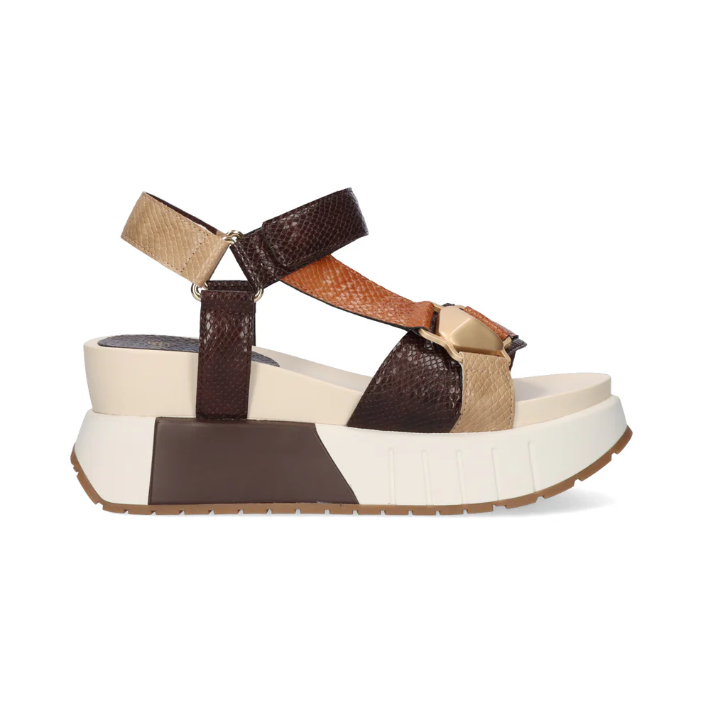 Sandálias Exé Olivia.934 Brown/Tan Sandália plataforma com tiras em pele castanha, bege e laranja e sola branca