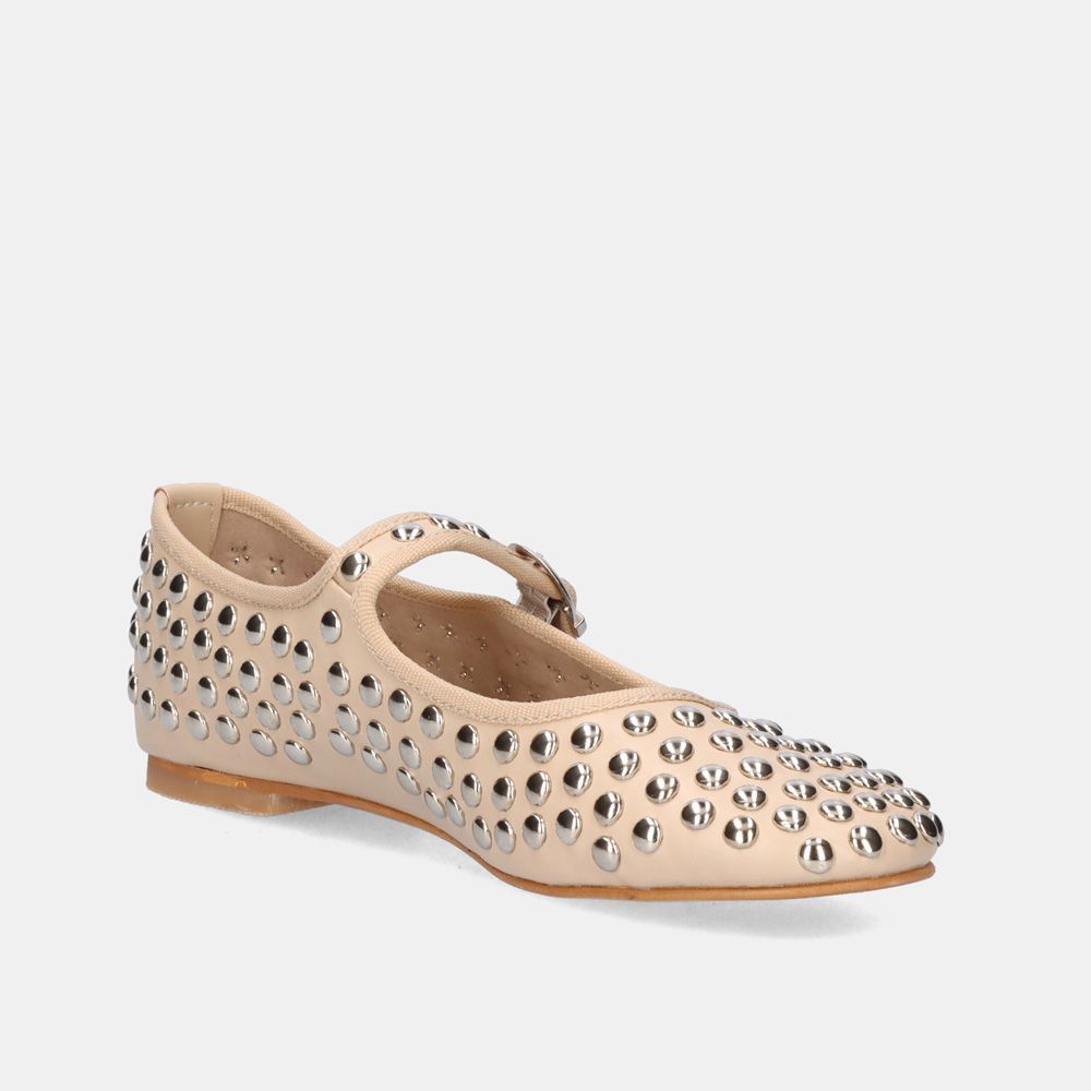 Sabrinas ExéM14-03 Bege sapato mary jane bege com tachas metálicas prateadas