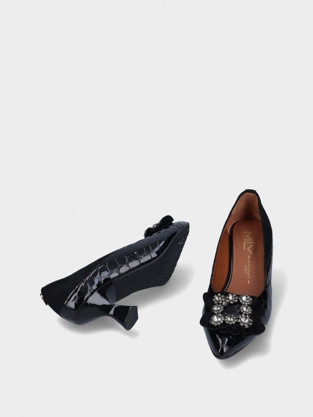 Sapato MLV Lucy.08 Black Sapatos de salto médio em verniz preto com fivela de brilhos