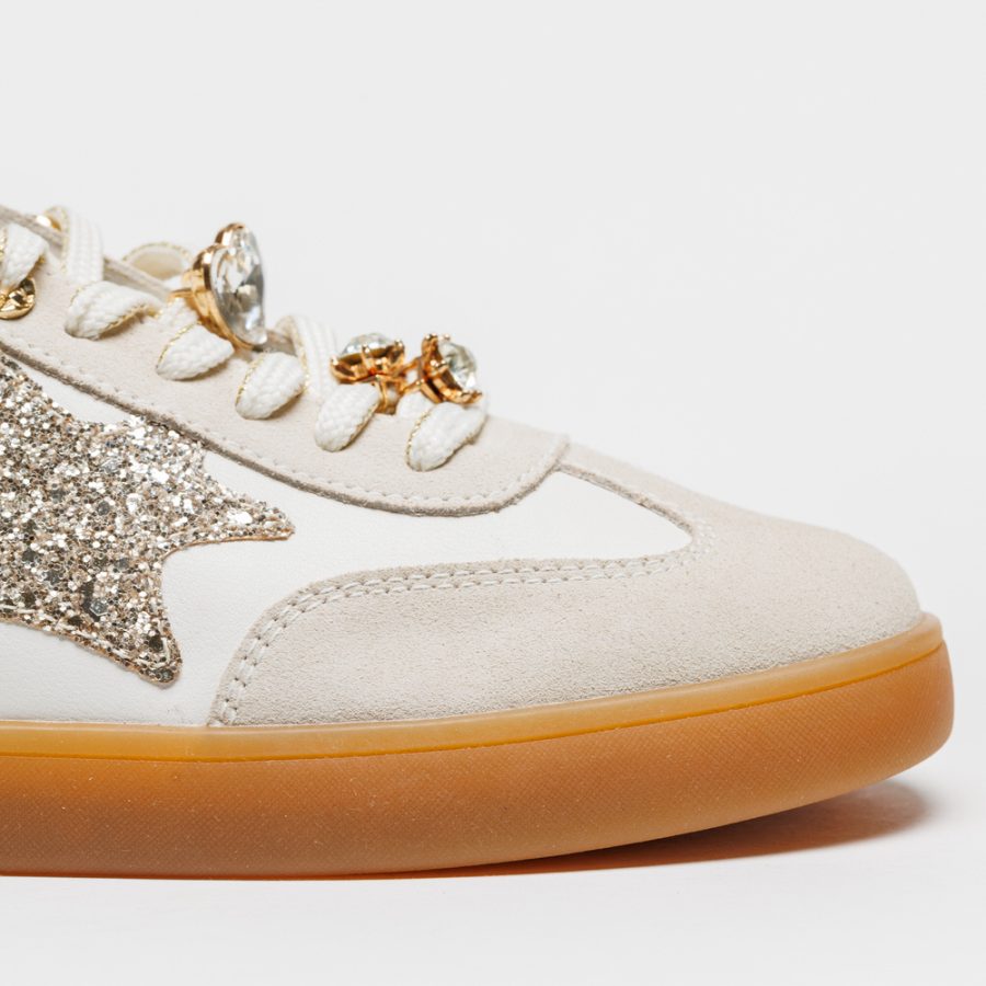 sapatilhas ABF-97 NEREA-01A Offwhite Ténis branco com estrela prateada brilhante e atacadores com pedras brilhantes