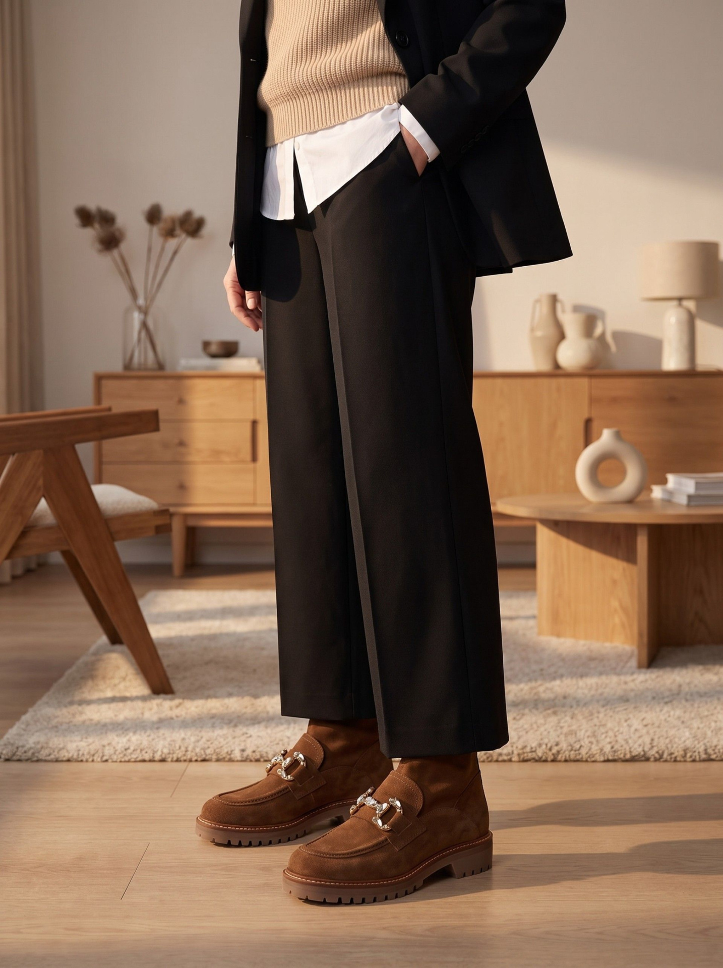 Botim MLV Raquel.117 Kaki Homem com calças pretas largas, camisola bege, blazer preto e botas castanhas em interior com mobiliário de madeira.