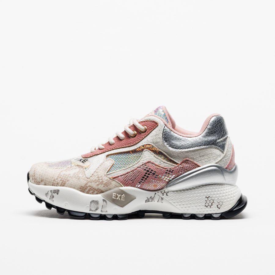 Sapatilhas Exé D190608-13B White/Pink Ténis desportivo rosa, bege e prateado com sola branca e detalhes EXÉ
