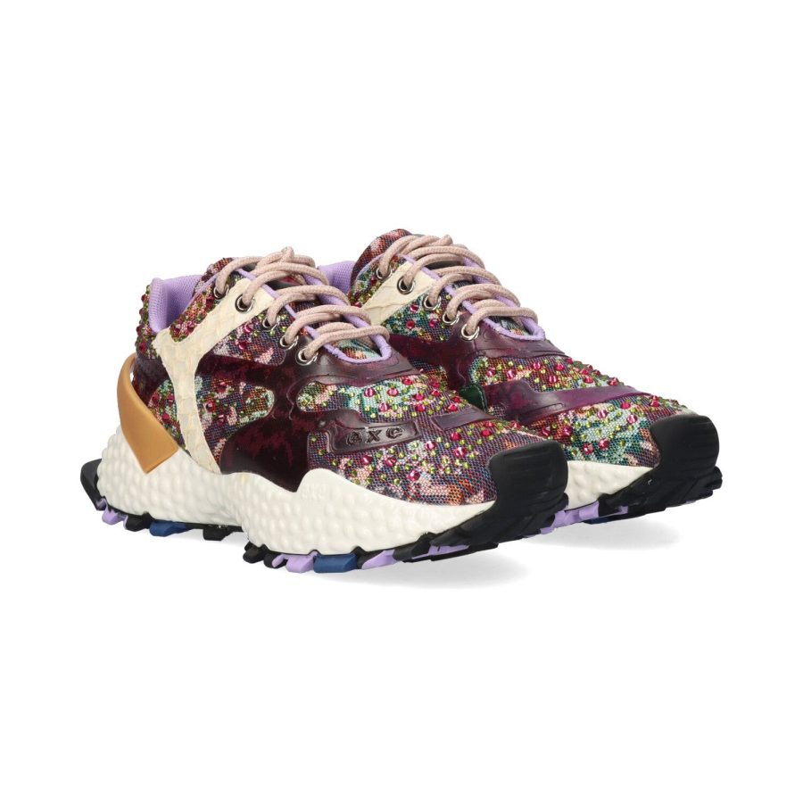 Sapatilhas Exé 999-3 Purple Sapatilhas coloridas com padrão floral, atacadores rosa e sola branca com detalhes