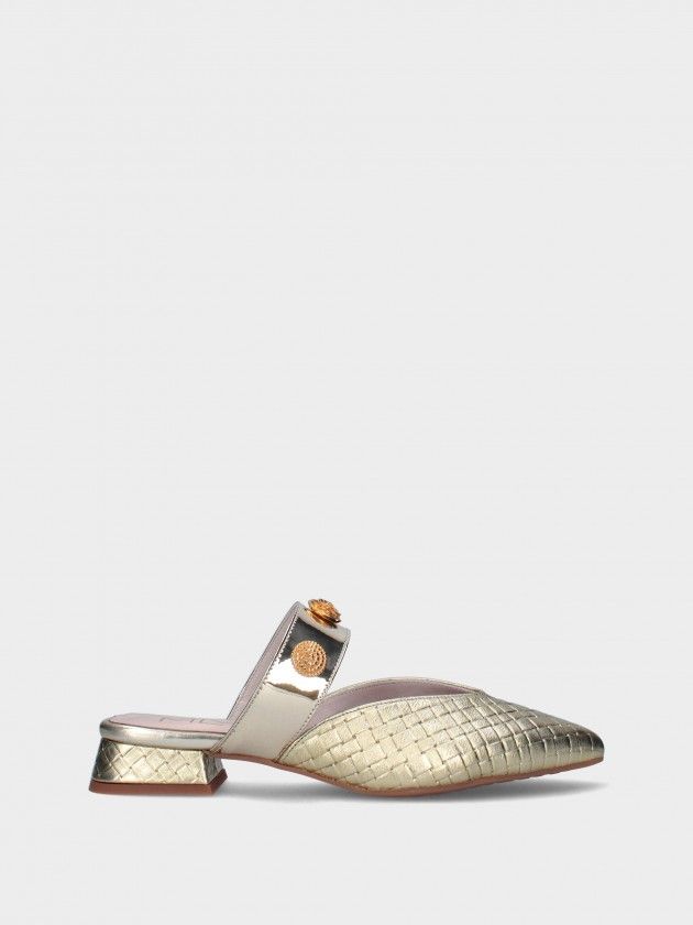 Mule MLV LEA.97 GOLD Sapato mule dourado com padrão entrelaçado e tiras metálicas