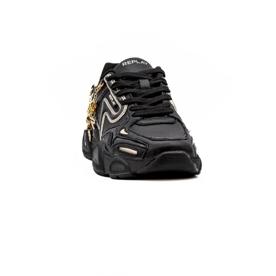 Sapatilhas Replay Destiny W Clean Black Tênis desportivo preto com detalhes dourados e brancos