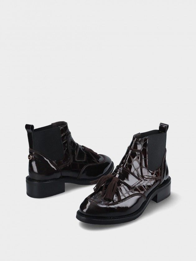 Botim MLV Rafaela.93 Brown Botas tipo Chelsea castanhas escuras com padrão crocodilo e tassels