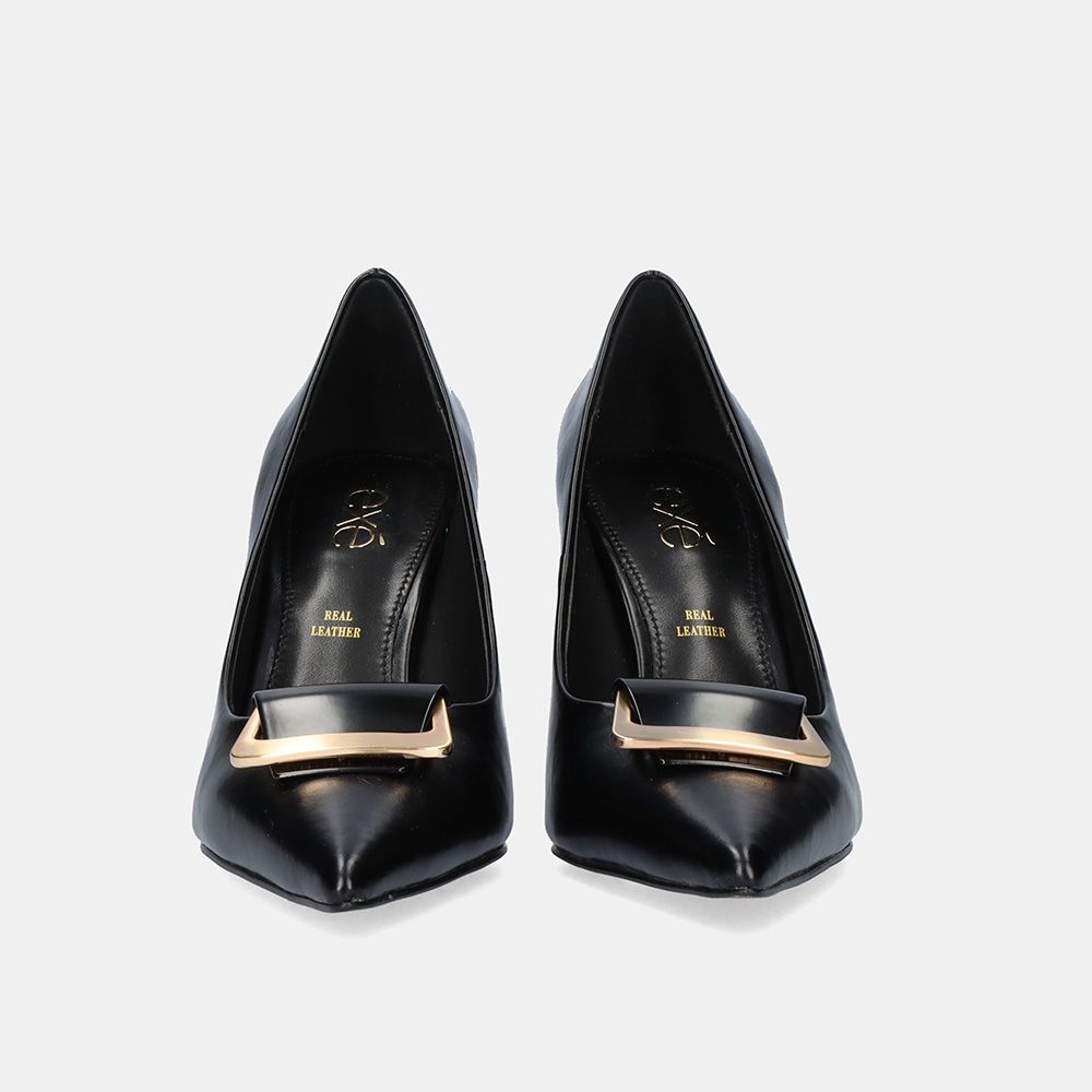 Sapatos Exé Eva-777 Black Sapatos de salto em pele preta com fivela dourada