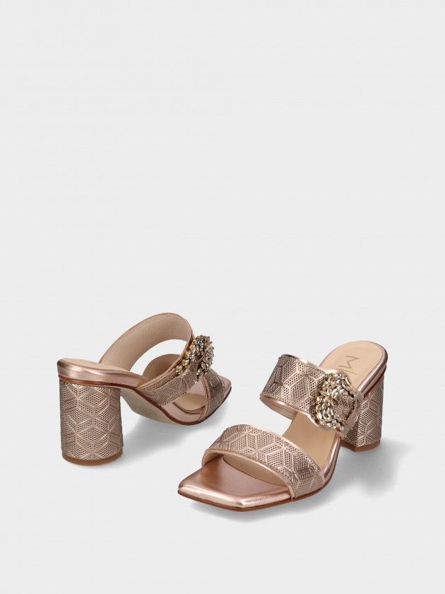 Sandálias MLV Catariana.23 Rose Gold Sandálias de salto alto prateadas com padrão geométrico e aplicação dourada