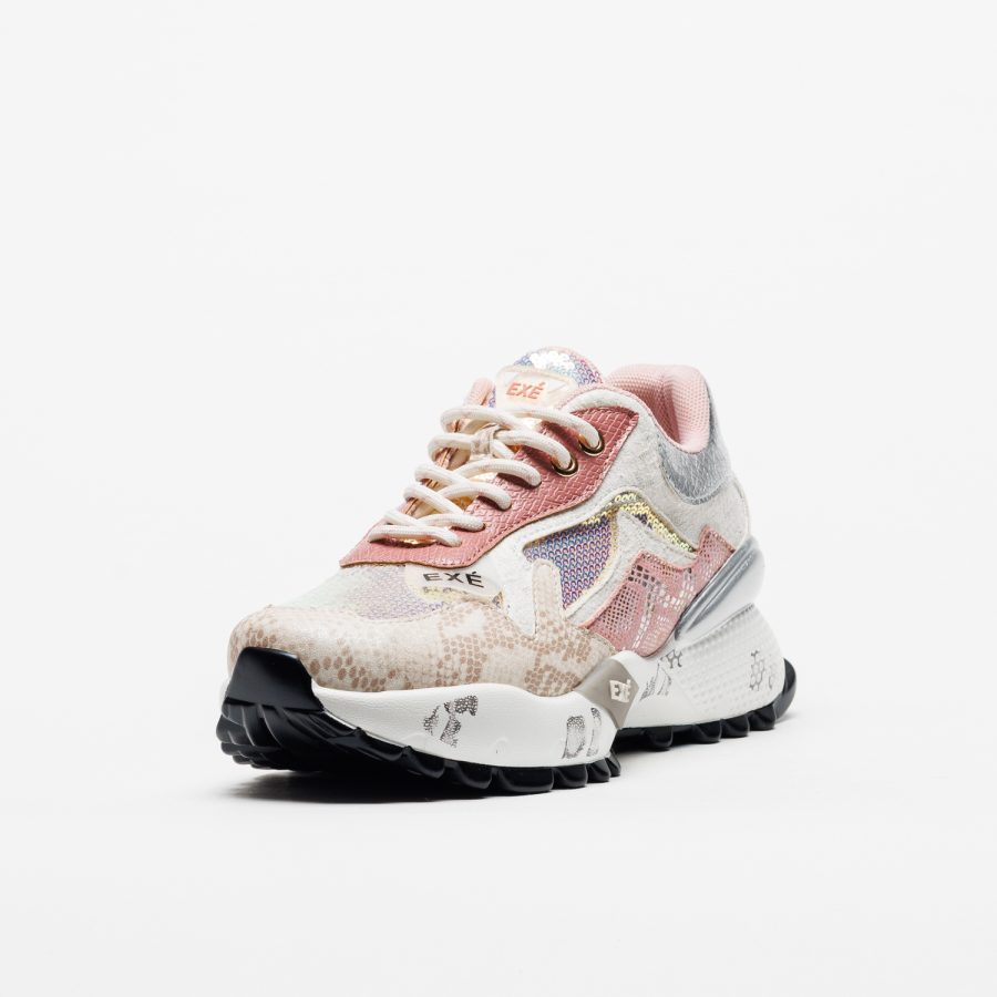 Sapatilhas Exé D190608-13B White/Pink Tênis sneakers femininos tons rosa, cinzento, bege, padrão animal, sola branca e preta, marca EXÉ