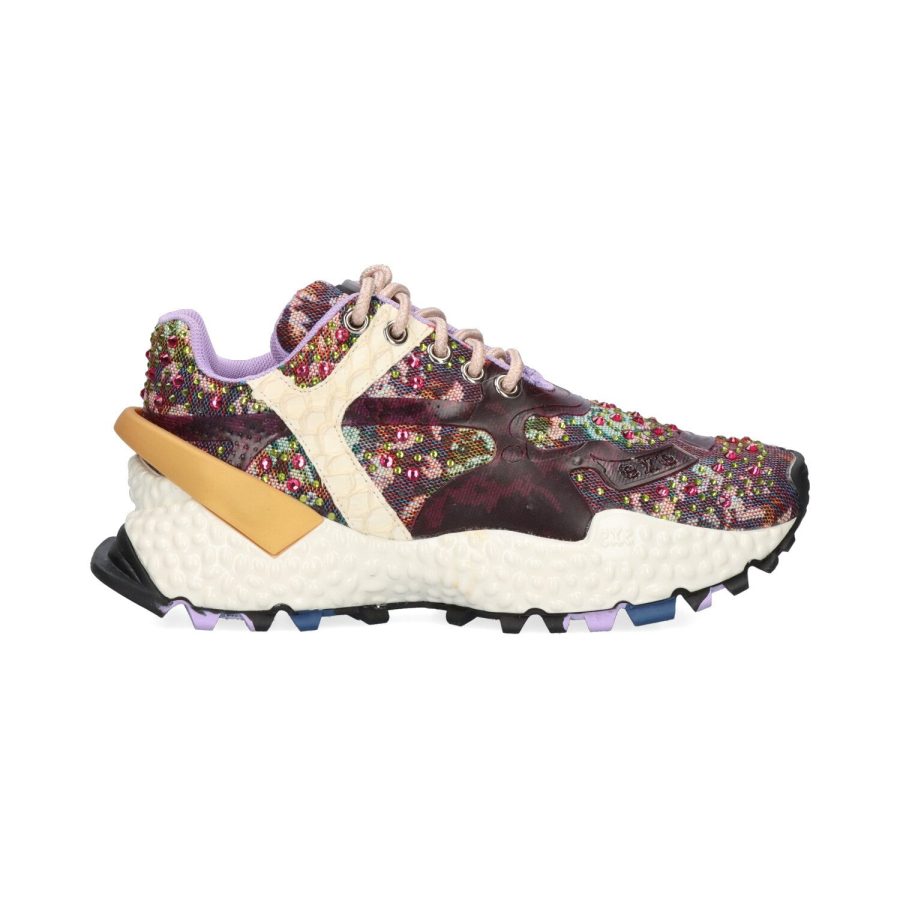 Sapatilhas Exé 999-3 Purple tênis desportivo floral colorido com sola branca e preta