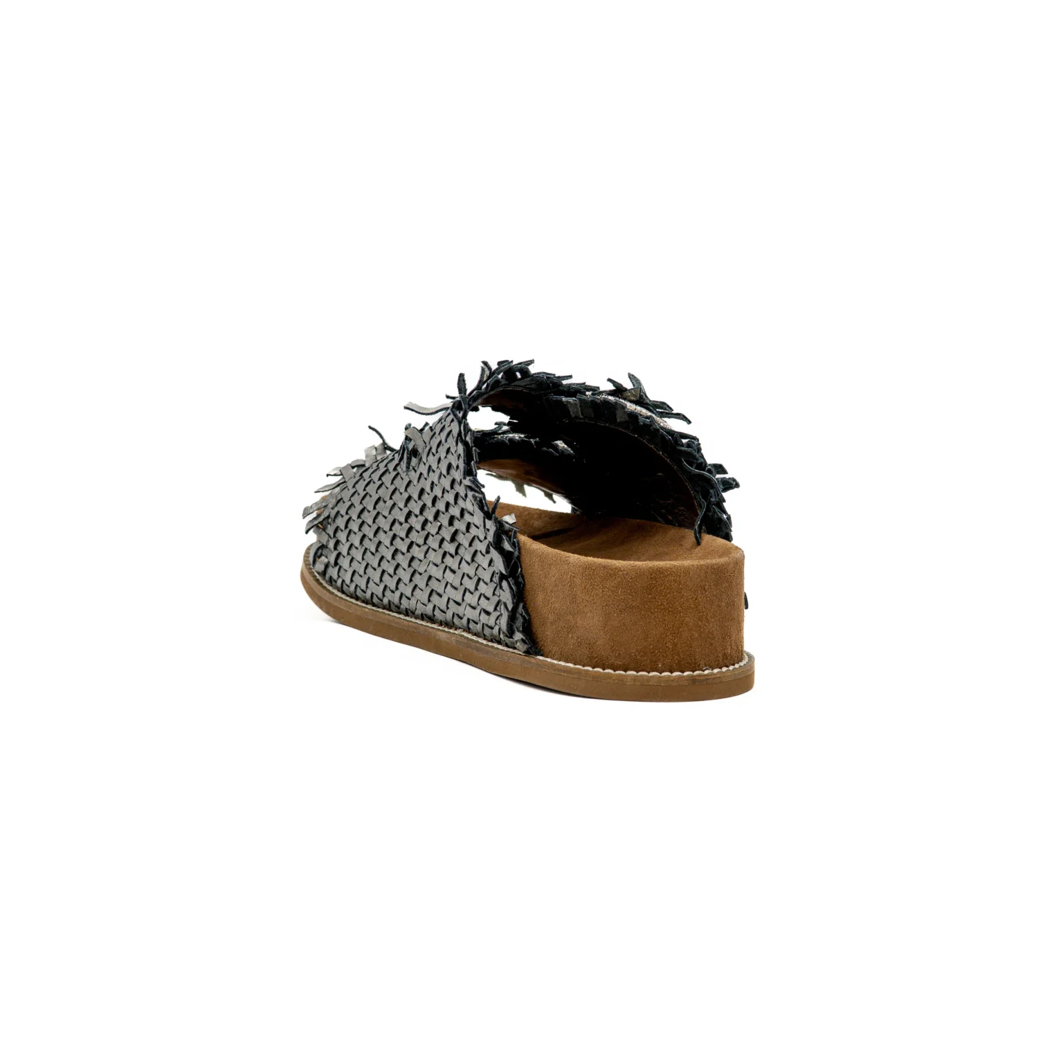 Chinelos ABF-97 2428 Heel Prateado Sandália aberta de senhora com padrão trançado cinza e preto e sola castanha.