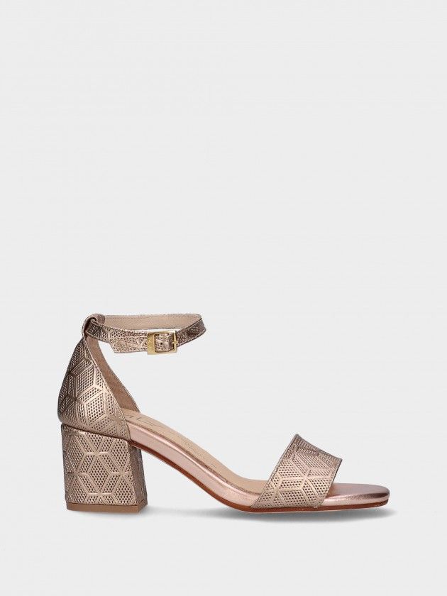 Sandálias MLV Claudia.31 Rose Gold Sandália de salto médio em cor metálica dourada com padrão geométrico e tira no tornozelo com fivela