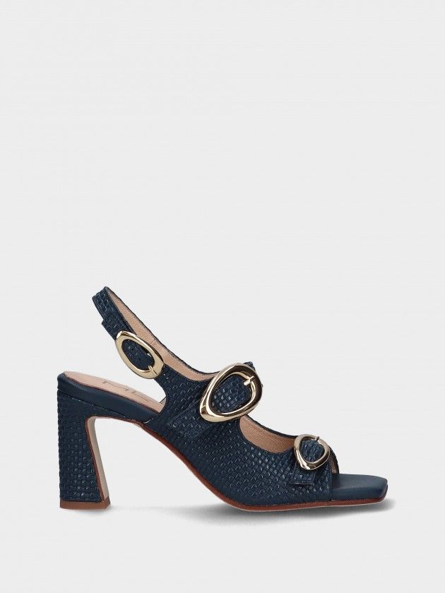 Sandálias MLV Ctarina.24 Blue Sandália azul escura com salto alto e fivelas douradas