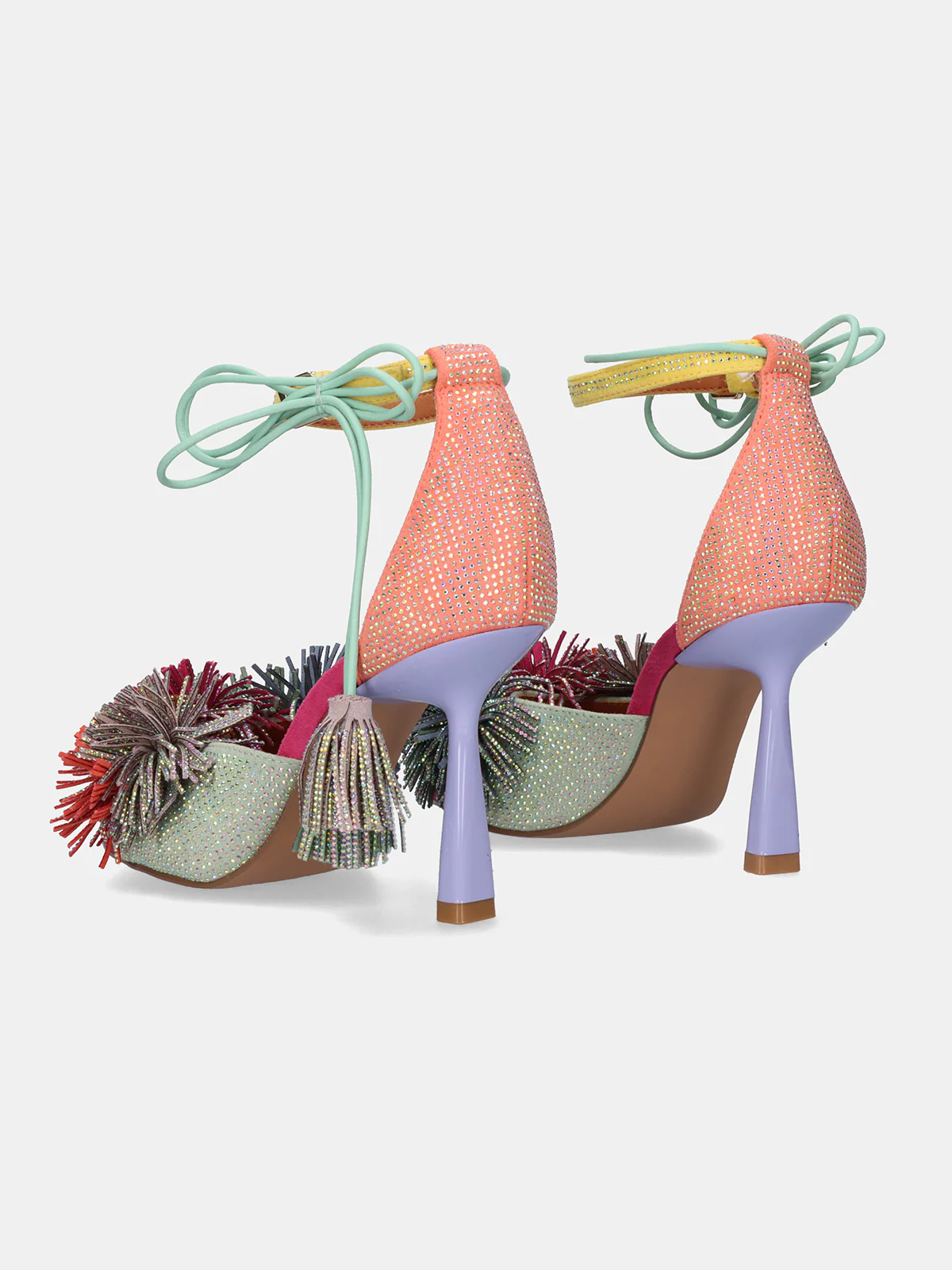 Sandálias Exé JENIFER-725 Mult. Sapatos de salto alto coloridos com tassel brilhante e atacadores ao tornozelo