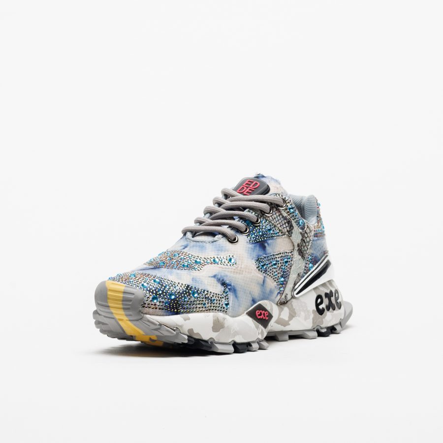 Sapatilhas Exé 134-20 Grey White Ténis desportivo azul e cinzento com detalhes em strass e sola camuflada