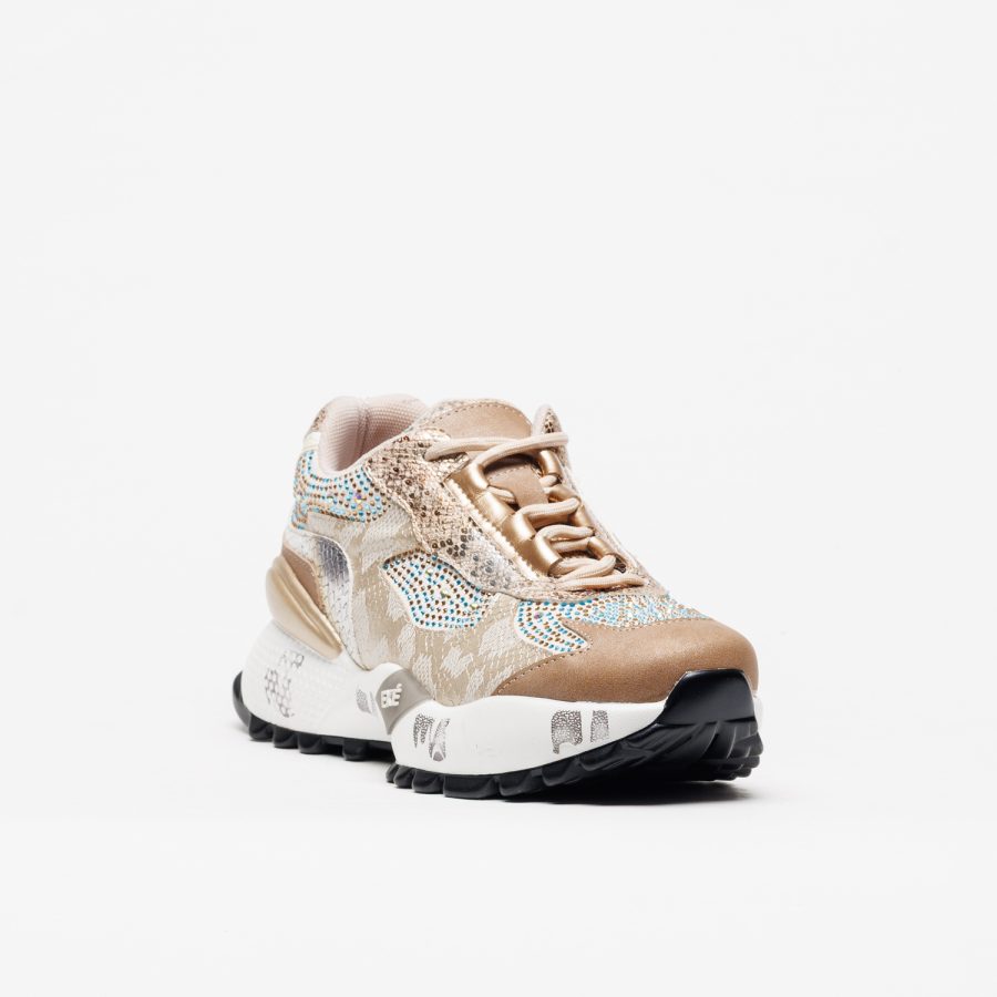 Sapatilhas Exé D190608-22 Beige/Gold Ténis desportivo bege e dourado com sola branca e detalhes pretos