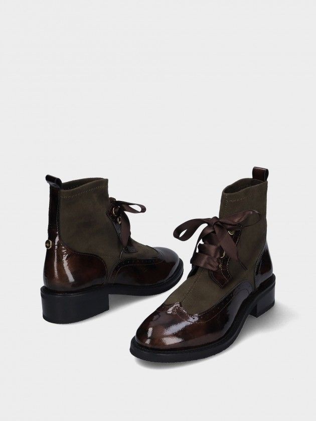 Botim MLV Rafaela.92 Kaki Botas masculinas em couro castanho e tecido verde com atacadores de fita