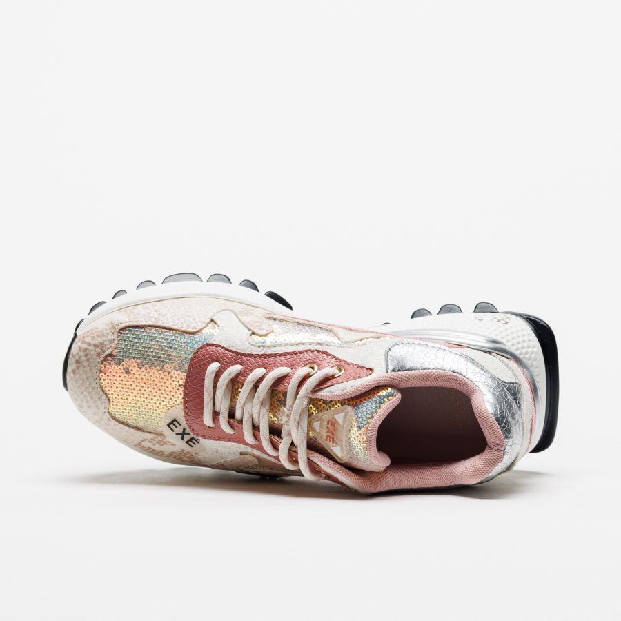Sapatilhas Exé D190608-13B White/Pink Ténis feminino com paetês dourados e textura de pele de cobra, detalhes prateados e rosa