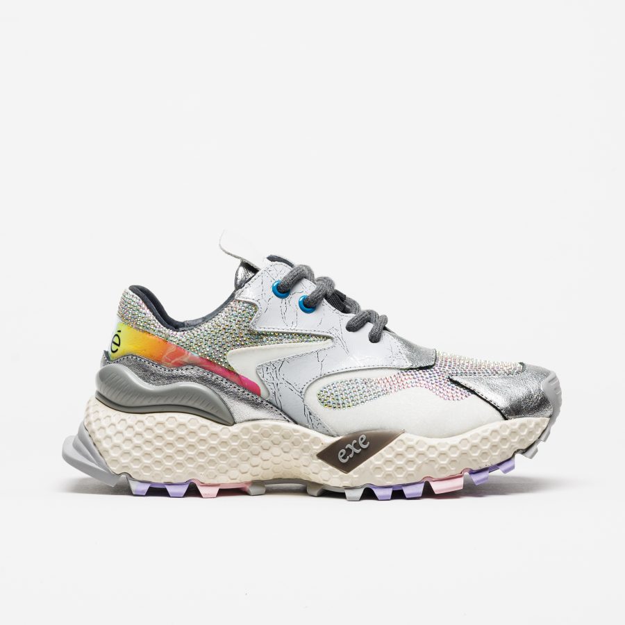 Sapatilhas Exé 3020-8A Silver White Ténis desportivo branco e prata com sola espessa creme e detalhes coloridos