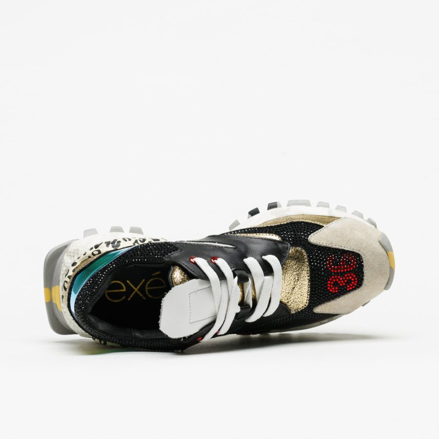 Sapatilhas Exé 0129.10 Black Ténis desportivo com materiais variados incluindo camurça, tecido brilhante e padrão animal print