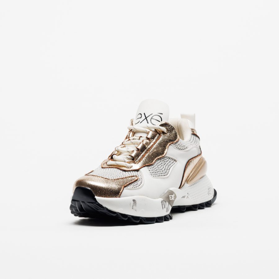 Sapatilhas Exé D190608-22A White Gold Sapatilha desportiva branca com detalhes dourados e sola preta e branca.